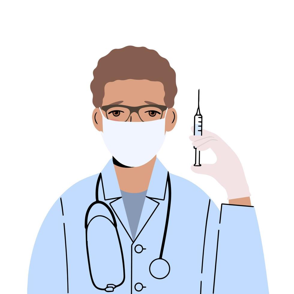 Doctor with glasses in a medical mask holds a syringe with a vaccine. Concept of protection against the virus vector
