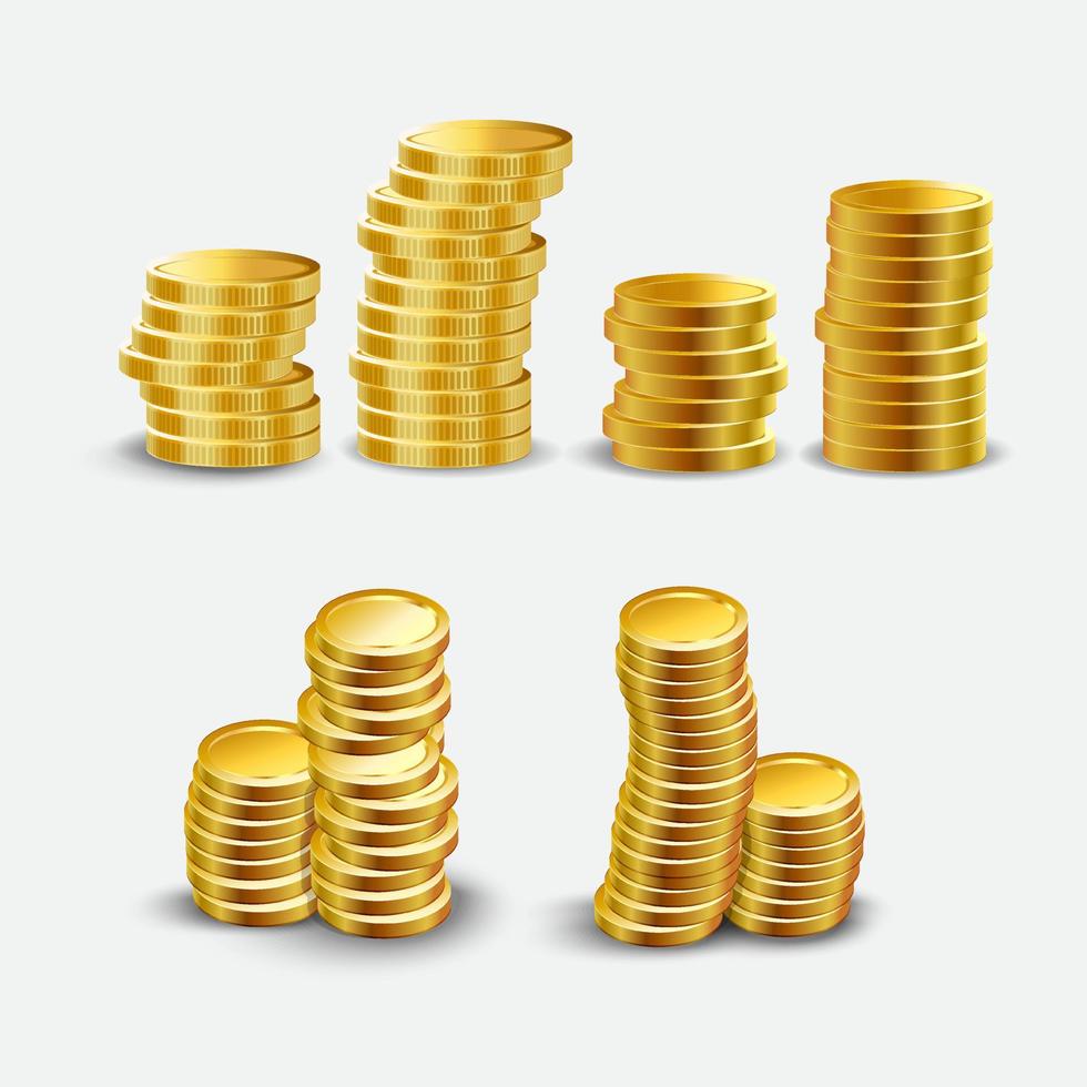 Collection of gold coins vector illustration isolated on white background. Set of gold coins cartoon vector illustration. Shinny Gold coins design vector illustration