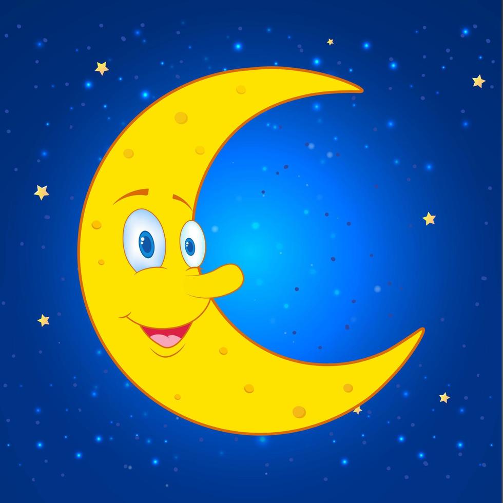 Happy crescent moon cartoon design icon. Smile crescent moon cartoon isolated on starry night background. Crescent moon cartoon on night background vector