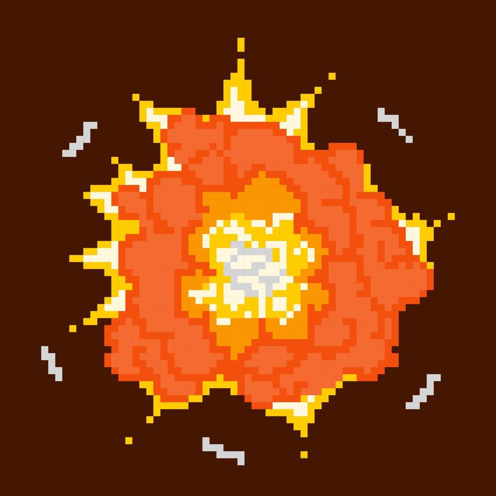 Powerful fiery pixel explosion. Red burst of energy with yellow fire detonation and glowing blazing vector sparks