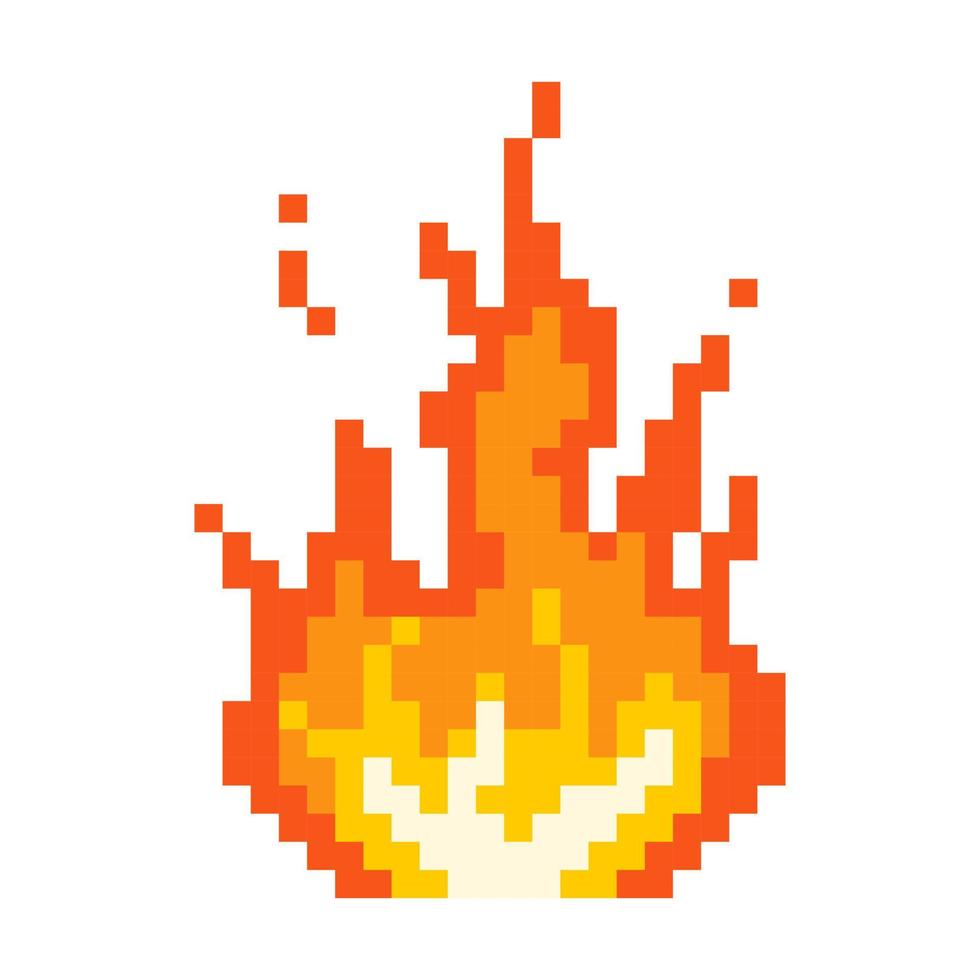 Pixel burning bonfire icon. Flaming fire with glowing yellow core red flame after powerful explosion with flying vector sparks.