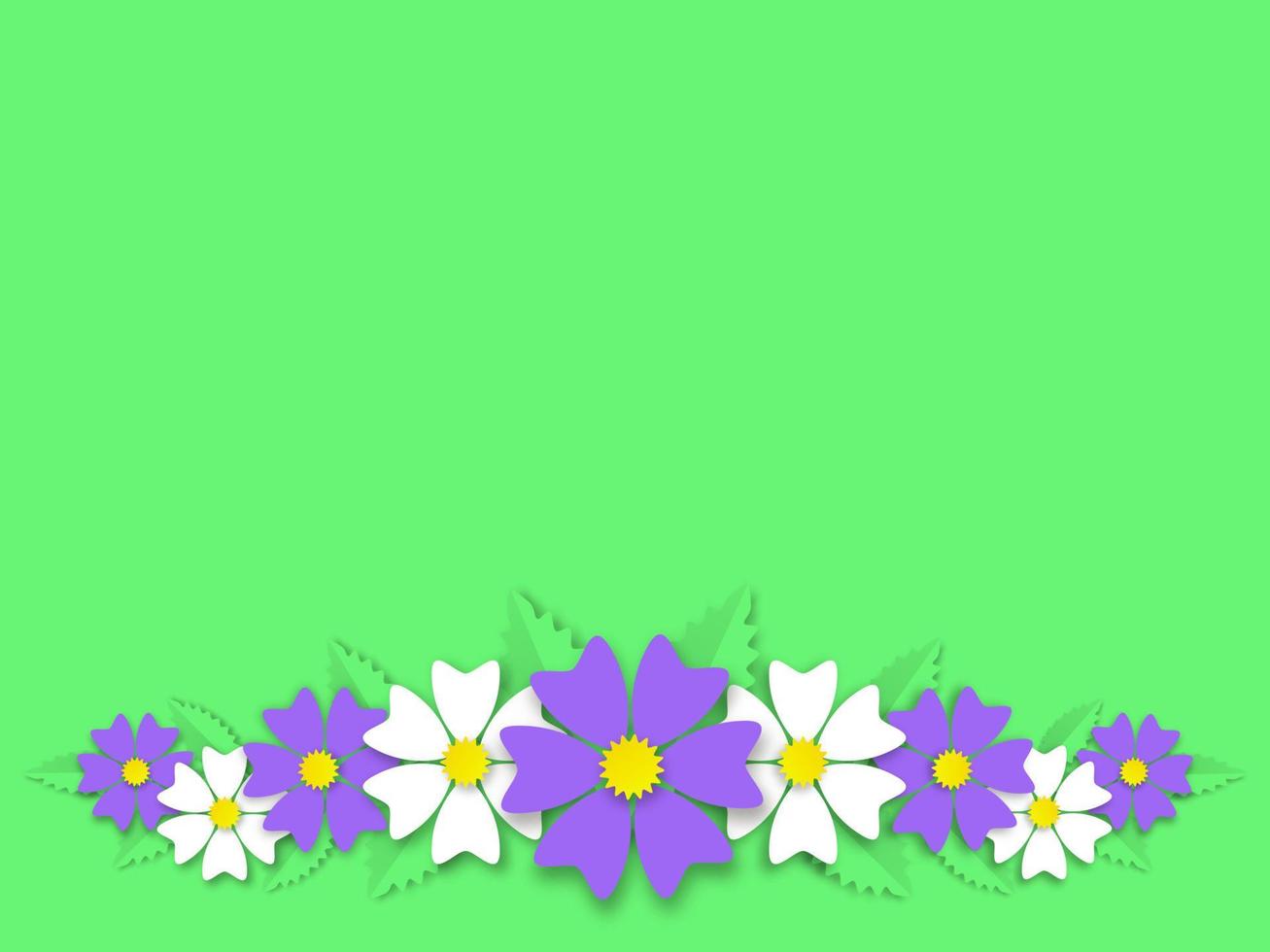 adorno de corona de verano de la pancarta de flores. trenzar margaritas blancas silvestres y ranúnculos morados enmarcados con hojas vectoriales verdes vector