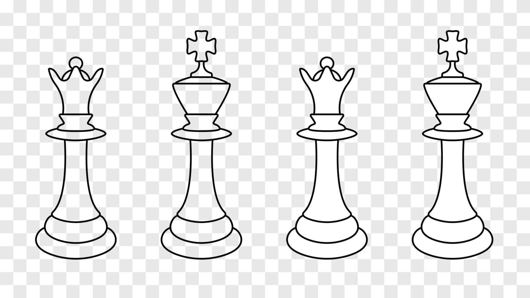 Chess queen and king contour isolated 3d. Black graceful main figures strategic victory in ancient logic game concept primacy and vector struggle