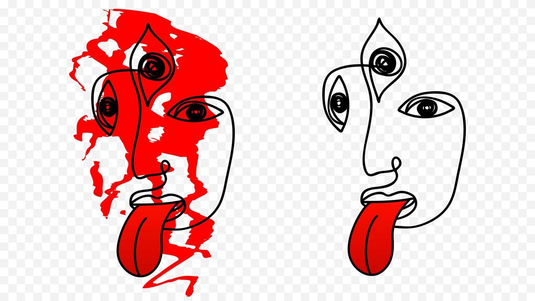 mujer abstracta muestra la lengua. diosa hindú kali con el tercer ojo y la cara cubierta de sangre símbolo religioso indio tradicional de la adoración del árbol vector