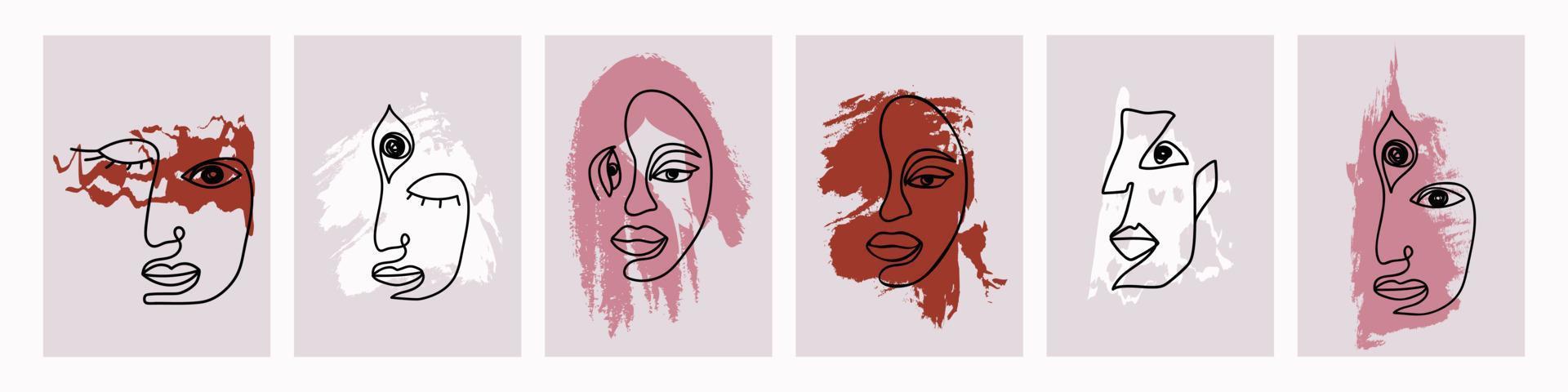 Beautiful abstract faces people set. Linear profiles characters with pink hair third eye who comprehended self awareness and red astral who love green world and cover their eyes in vector reverie