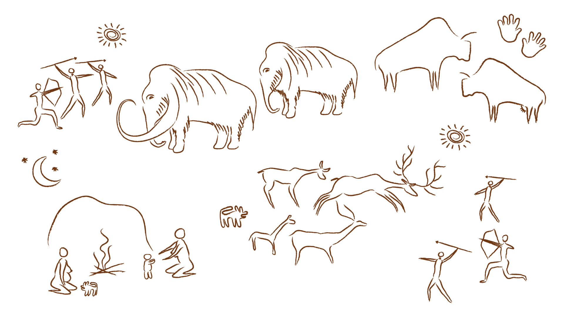 Ancient rock paintings illustration. Prehistoric cave paintings of