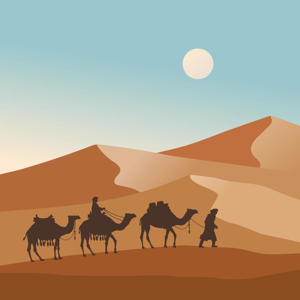 caravana de camellos atravesando la ilustración del vector del desierto