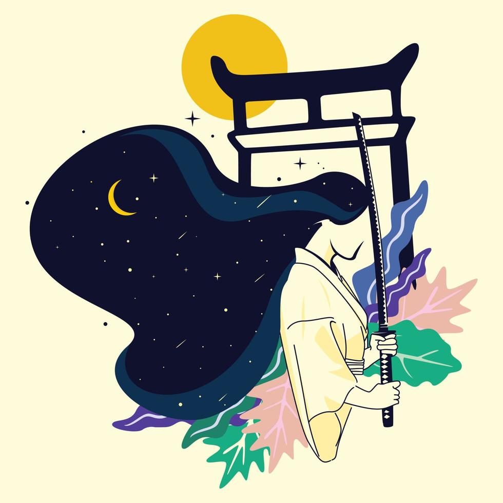 Vector illustration of a samurai girl carrying a katana