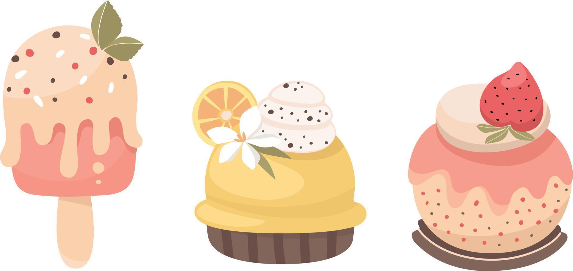 conjunto de postres dulces, pastel e ilustración de helado en estilo de dibujos animados. vector