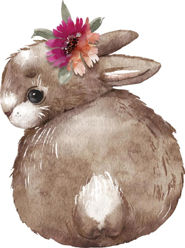 Brown rabbit with a wreath of flowers on his head, hand-painted watercolor illustration. vector