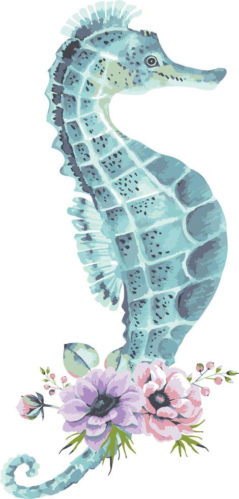Sea animal seahorse with a bouquet of flowers, watercolor. vector