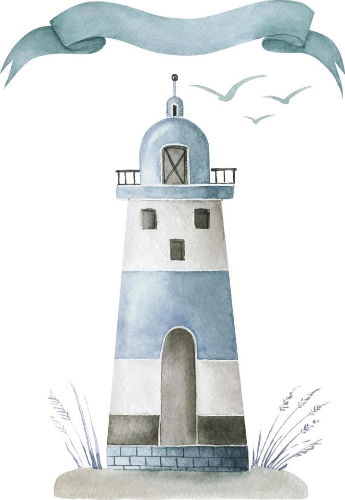Nautical blue lighthouse with banner watercolor illustration. vector