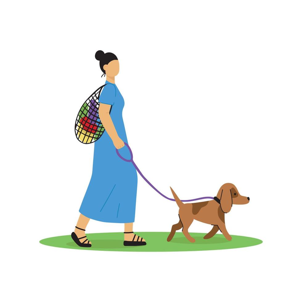 mujer joven camina con perro. una mujer con una bolsa de hilo. cero desperdicio. ilustración vectorial Fondo blanco. vector