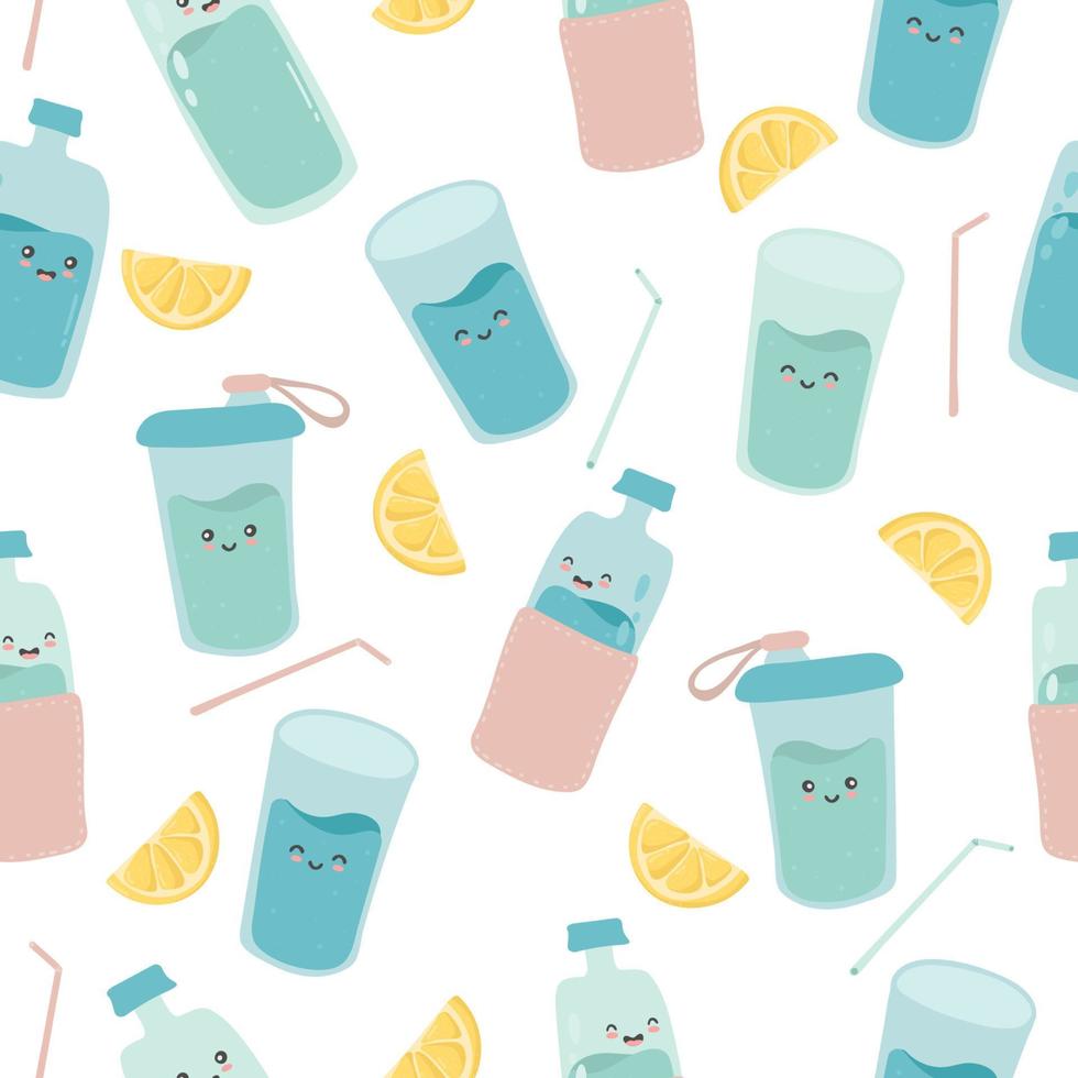 Seamless pattern with cute happy funny bottles, glasses, leamon. vector cartoon kawaii character. Drink more water with leamon every day concept.