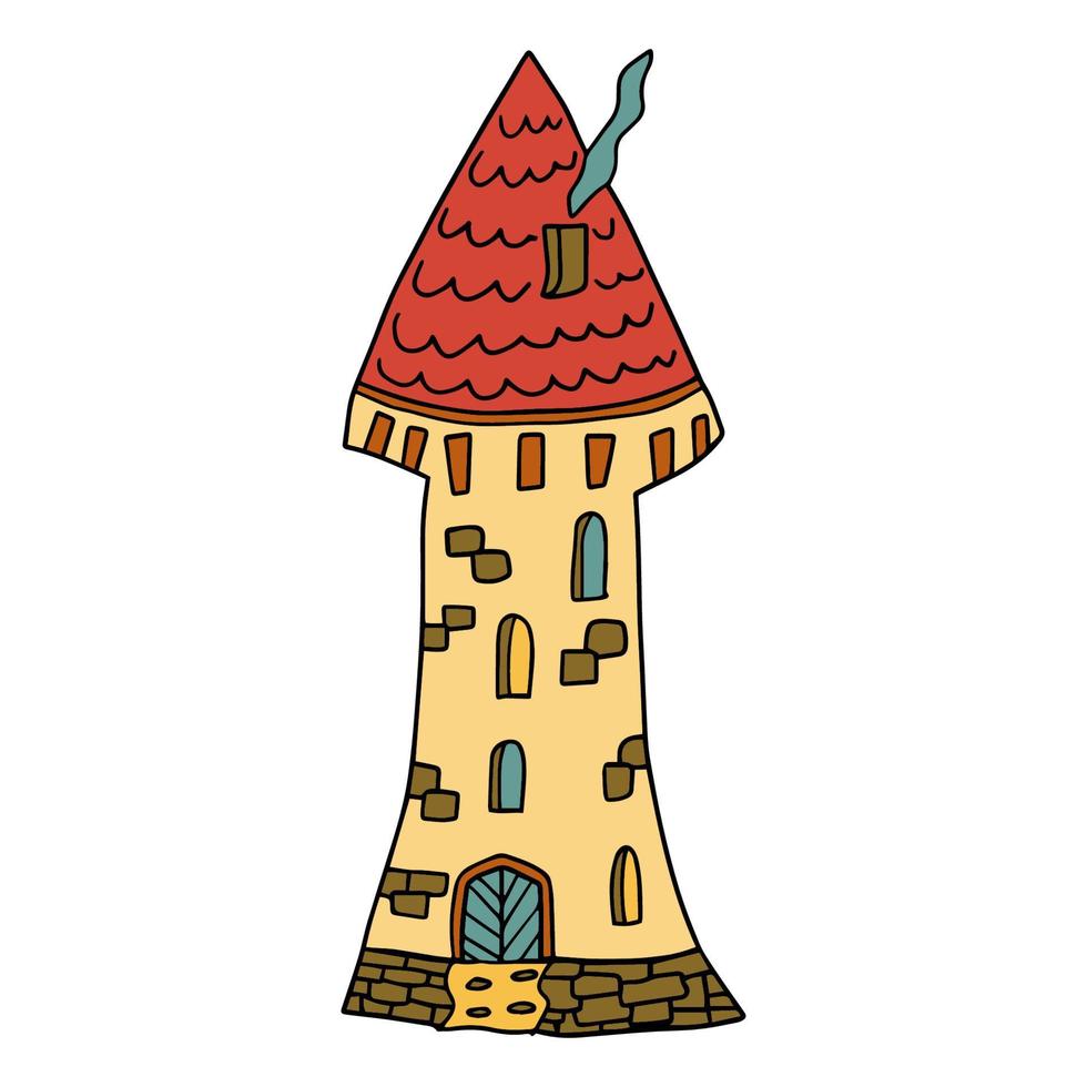 Cartoon linear doodle medieval castle or tower with red roof isolated on white background. vector