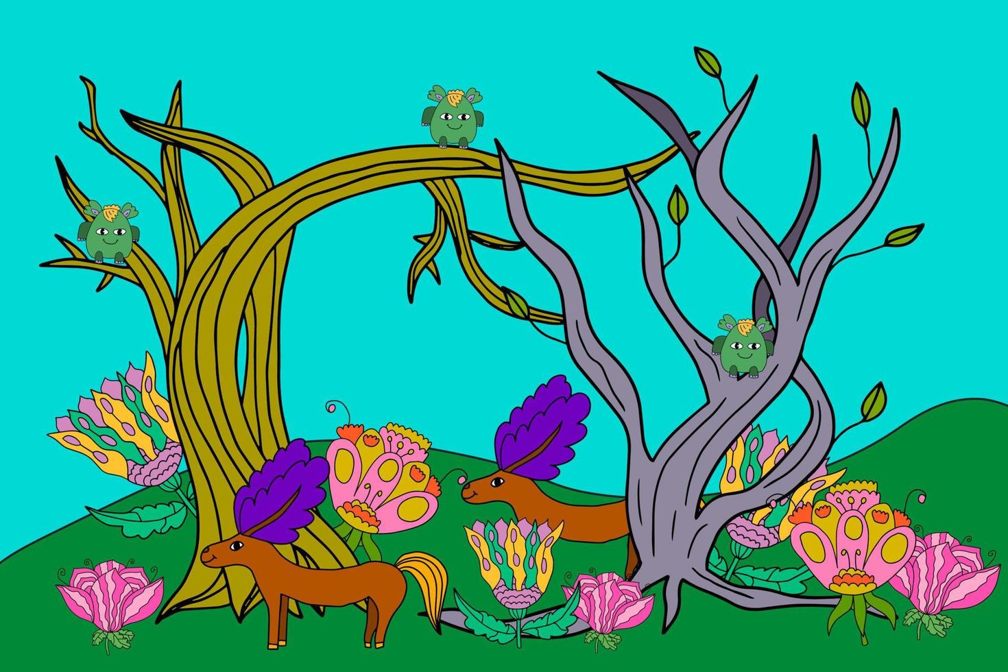 Landscape with spring trees and fantasy animals and flowers in doodle style. vector