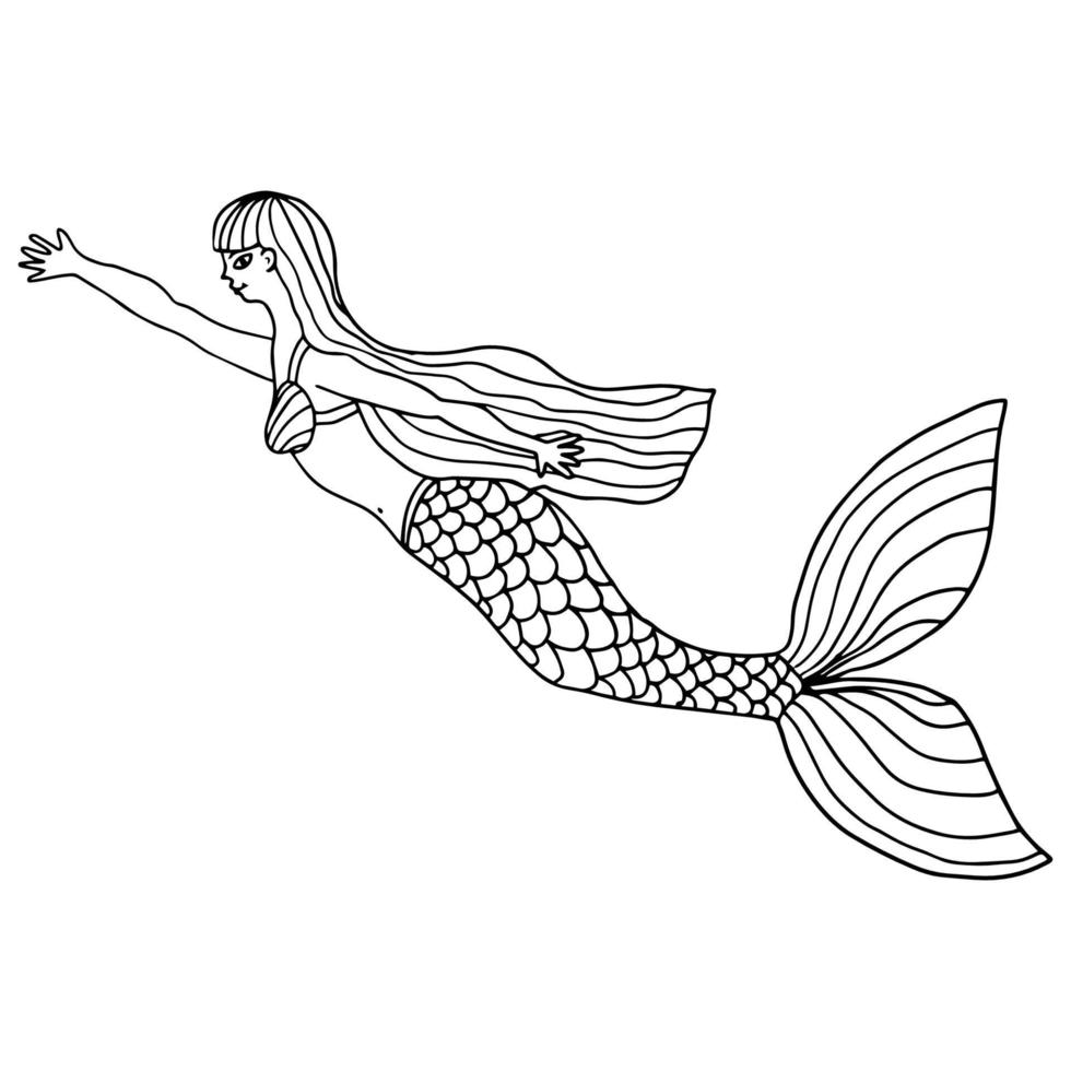 lindo garabato bonita sirena nadando aislado sobre fondo blanco. criatura submarina. vector