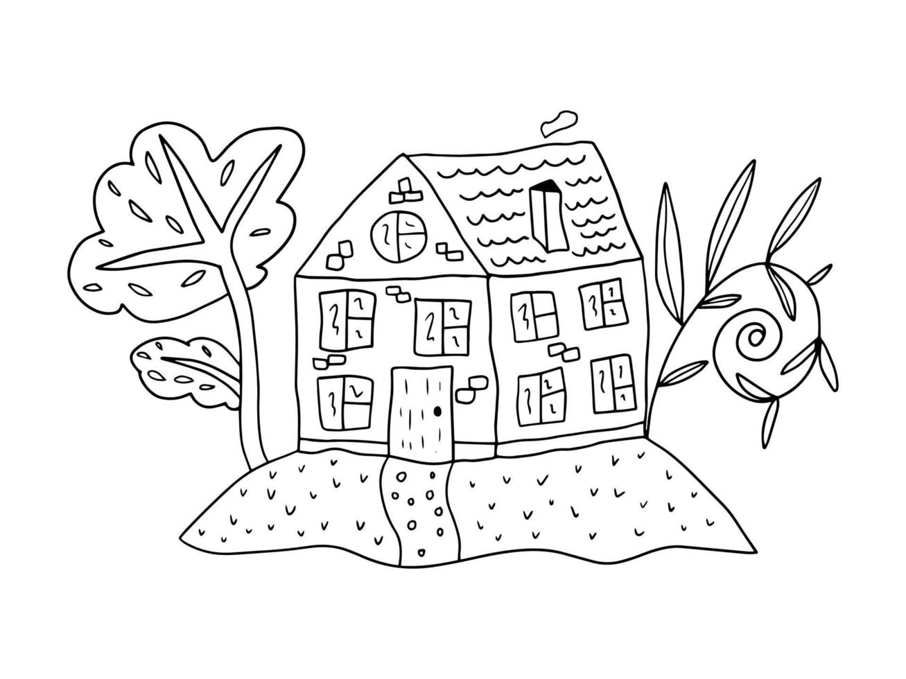 Cute hand drawn doodle house with garden, trees isolated on white background. vector