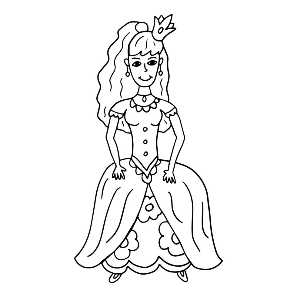 Doodle princesa hada feliz aislado sobre fondo blanco. hermoso vestido histórico. señorita con corona. vector