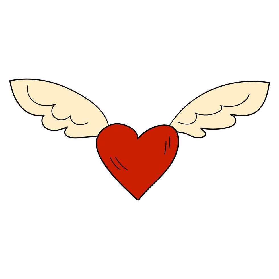 Cartoon linear doodle winged heart isolated on white background. Valentines day icon. vector