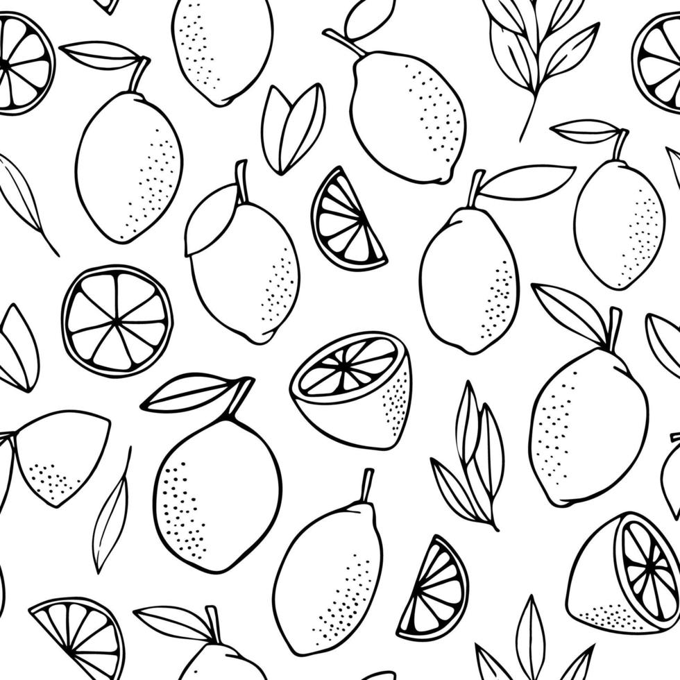 Yellow lemons with leaves. Citrus for lemonade, vitamins, healthy vegeterian food. Vector seamless pattern isolated on white background. Vivid summer illustration. For printing on paper and fabric.