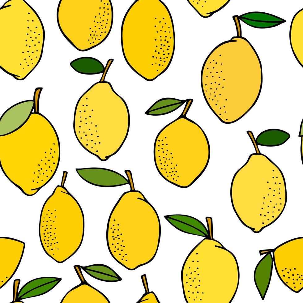 Yellow lemons with leaves. Citrus for lemonade, vitamins, healthy vegeterian food. Vector seamless pattern isolated on white background. Vivid summer illustration. For printing on paper and fabric.