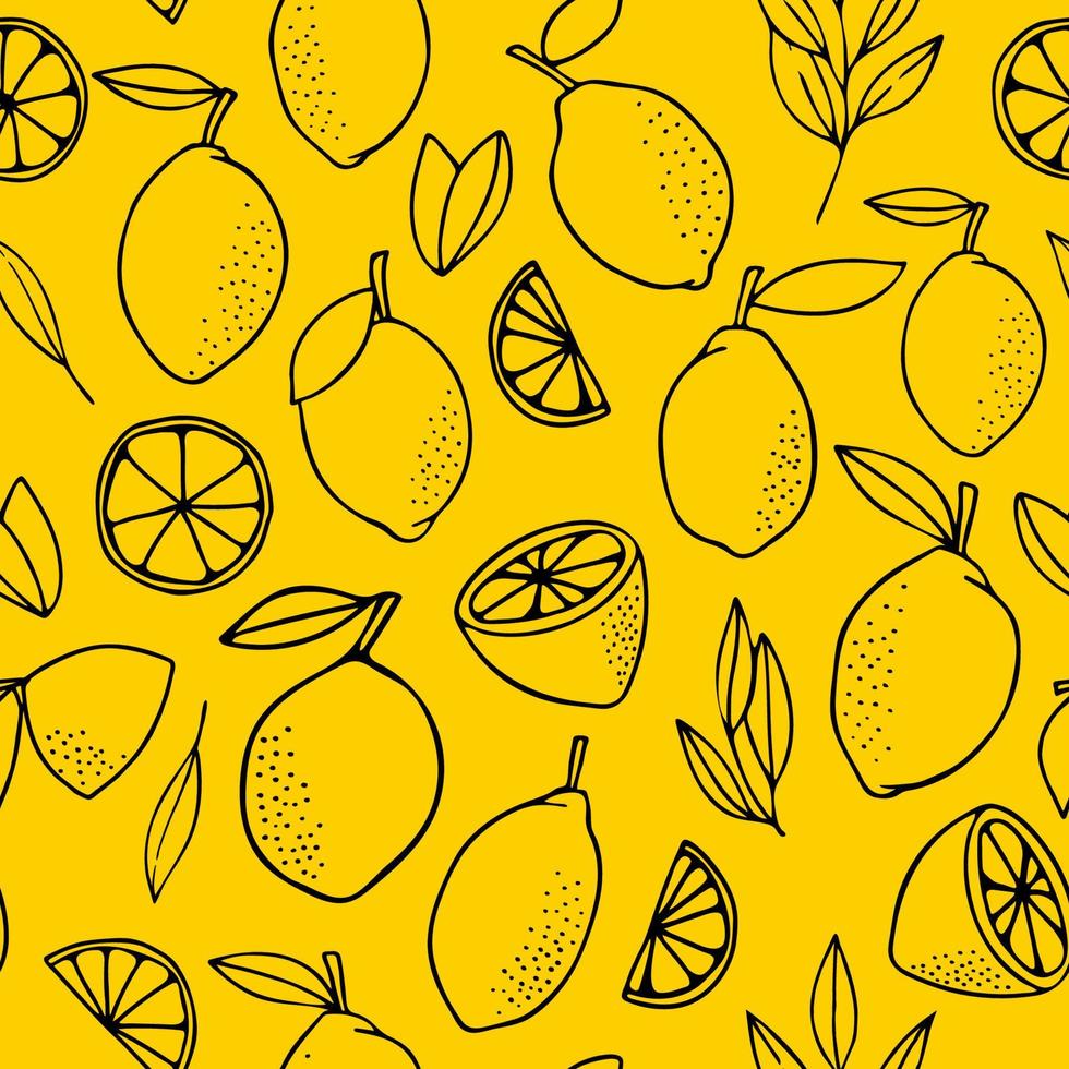 Yellow lemons with leaves. Citrus for lemonade, vitamins, healthy vegeterian food. Vector seamless pattern isolated on white background. Vivid summer illustration. For printing on paper and fabric.