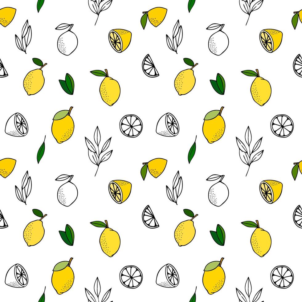limones amarillos con hojas. cítricos para limonada, vitaminas, comida vegetariana saludable. patrón transparente de vector aislado sobre fondo blanco. vívida ilustración de verano. para imprimir en papel y tela.
