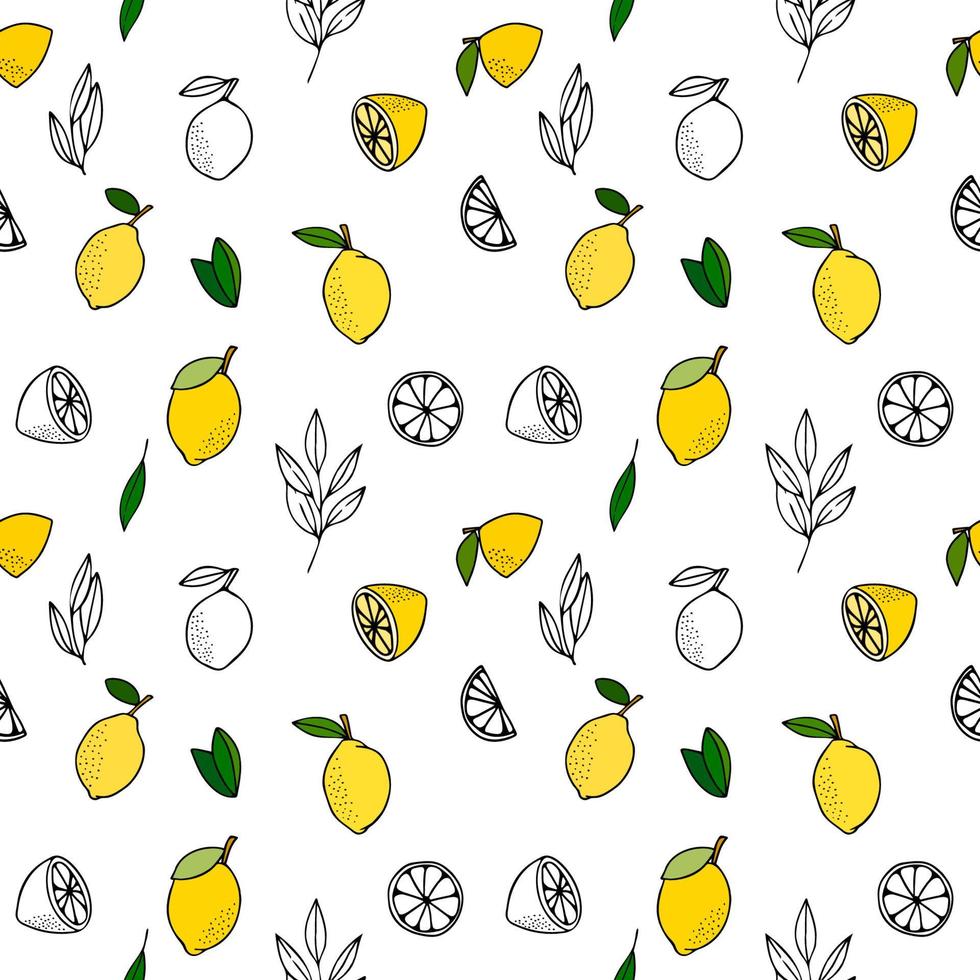 Yellow lemons with leaves. Citrus for lemonade, vitamins, healthy vegeterian food. Vector seamless pattern isolated on white background. Vivid summer illustration. For printing on paper and fabric.