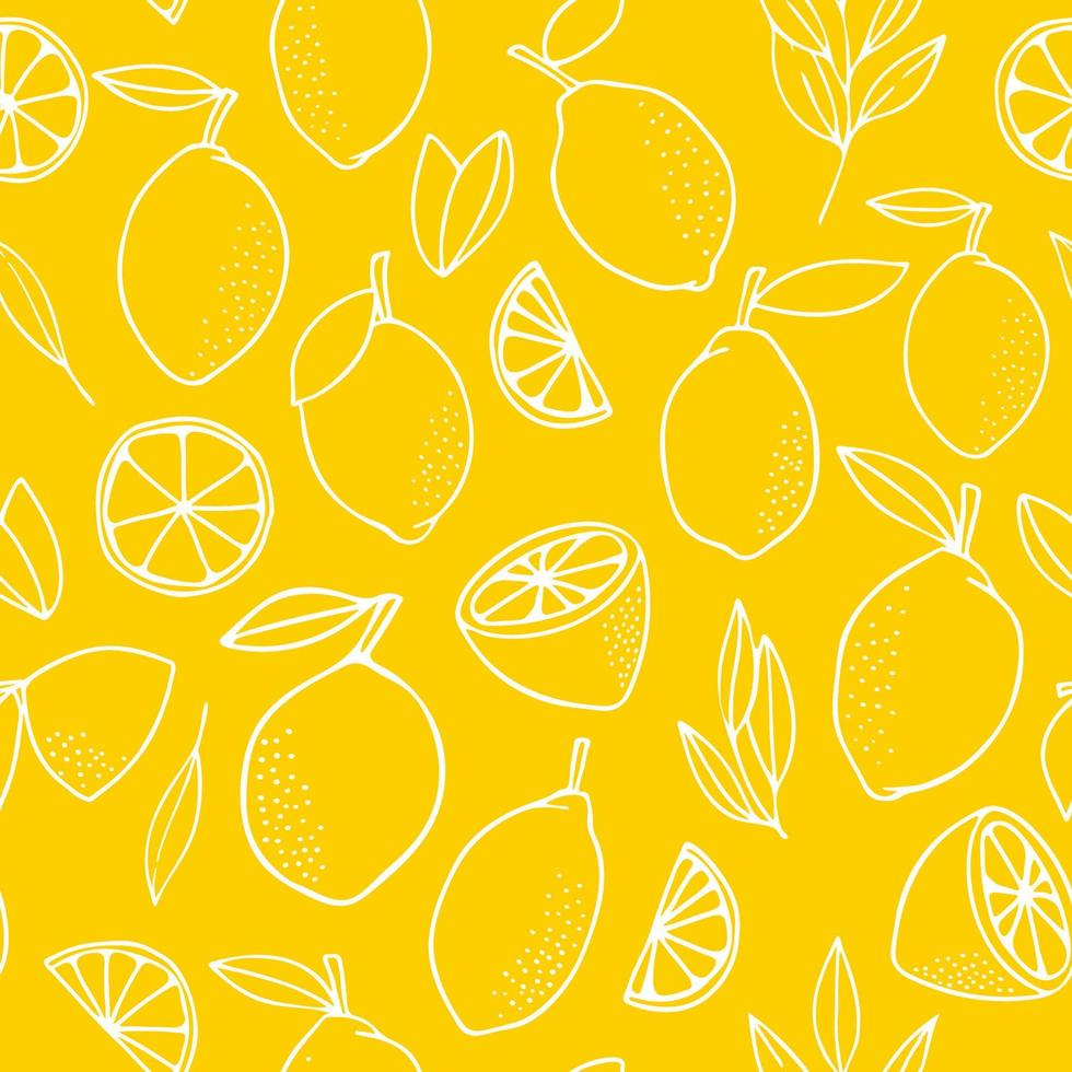 Yellow lemons with leaves. Citrus for lemonade, vitamins, healthy vegeterian food. Vector seamless pattern isolated on white background. Vivid summer illustration. For printing on paper and fabric.