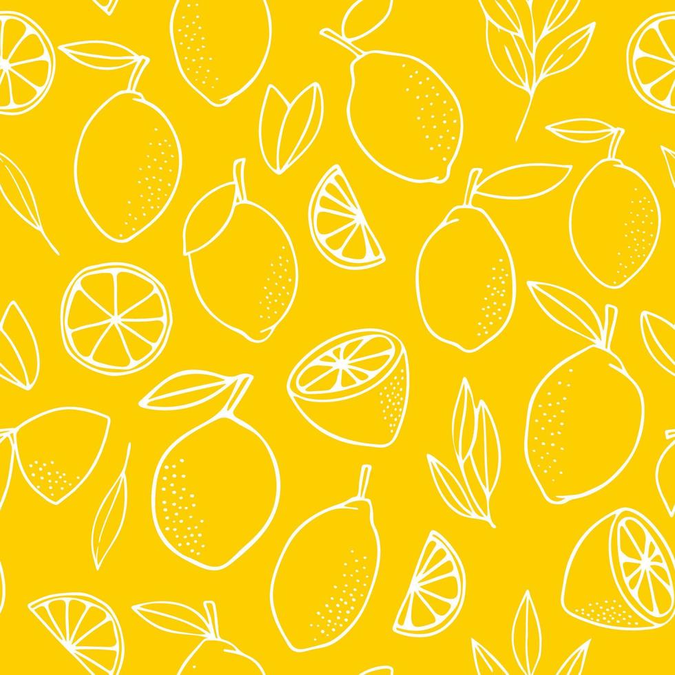 limones amarillos con hojas. cítricos para limonada, vitaminas, comida vegetariana saludable. patrón transparente de vector aislado sobre fondo blanco. vívida ilustración de verano. para imprimir en papel y tela.