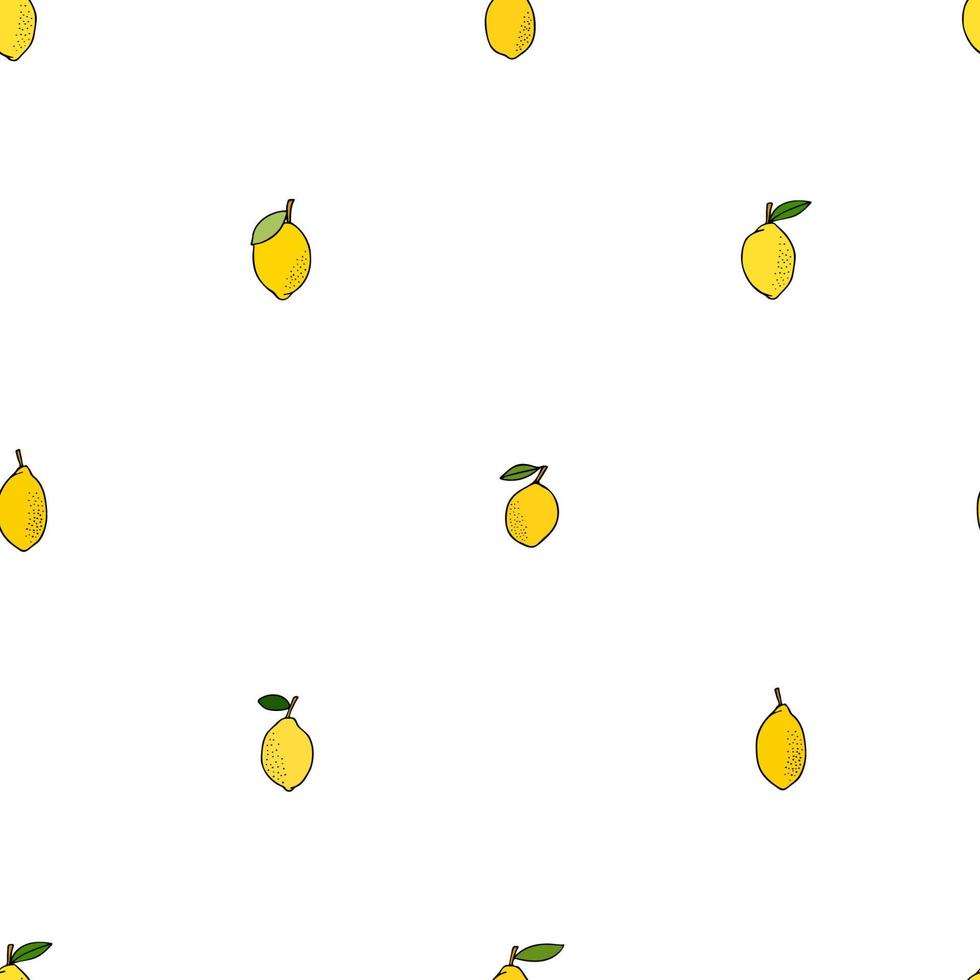 Yellow lemons with leaves. Citrus for lemonade, vitamins, healthy vegeterian food. Vector seamless pattern isolated on white background. Vivid summer illustration. For printing on paper and fabric.