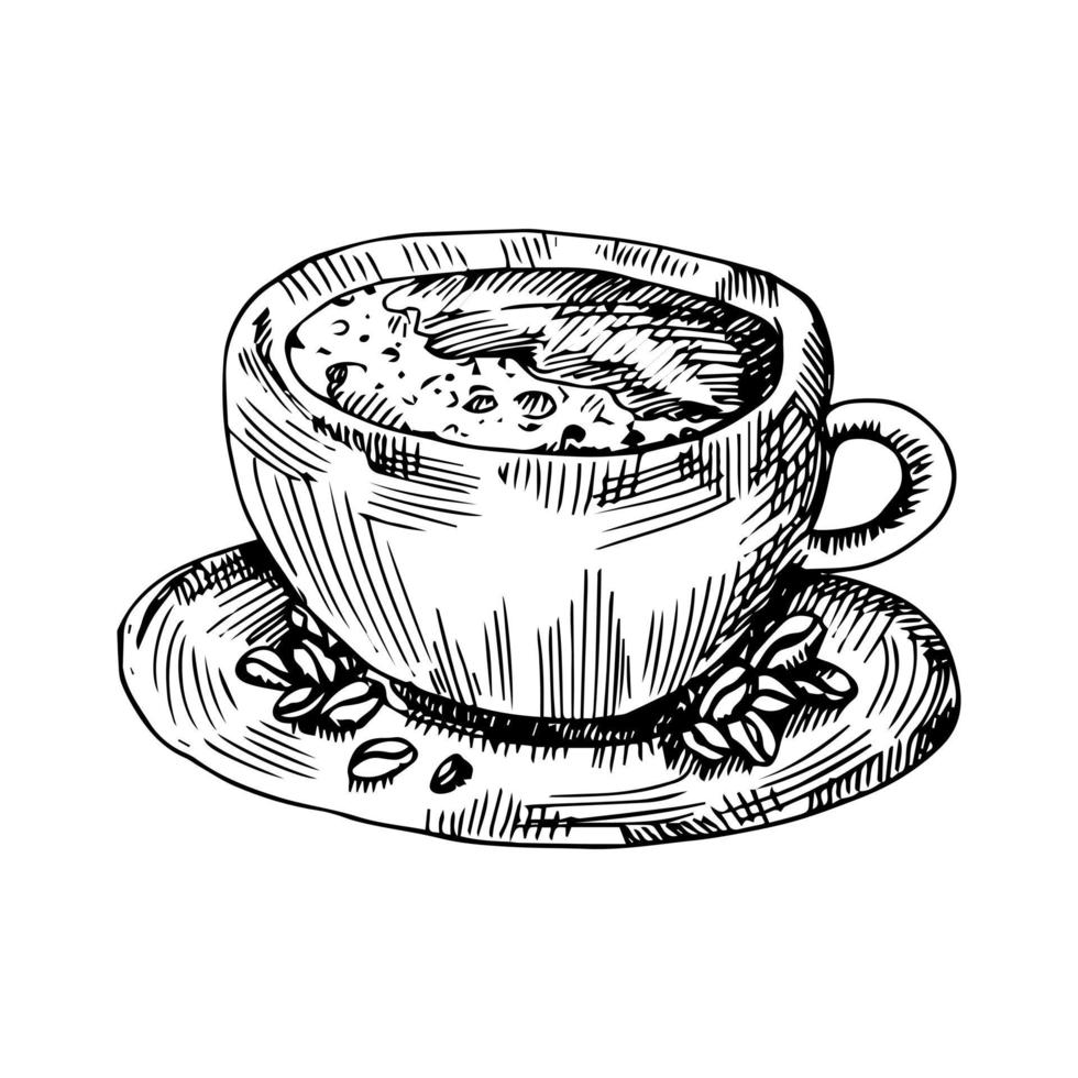 saco con granos de café con taza estilo boceto dibujado a mano. ilustración de grabado de vector vintage para etiqueta, web. aislado sobre fondo blanco