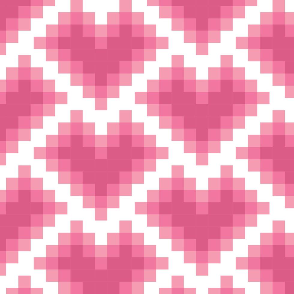 Seamless pattern with mosaic pixel pink hearts isolated on white background. Vector illustration
