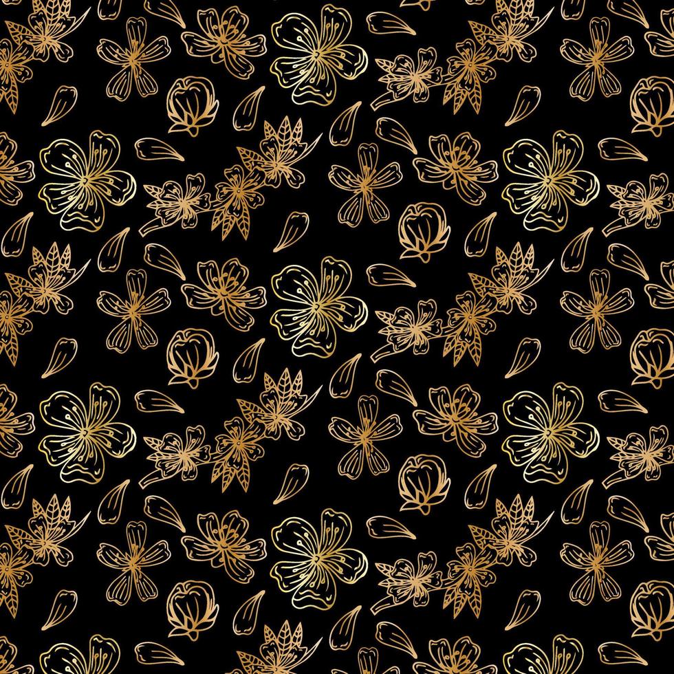 Cherry, sakura flowers bloom blossom seamless pattern texture. Copper gold shiny glow outline black background. vector
