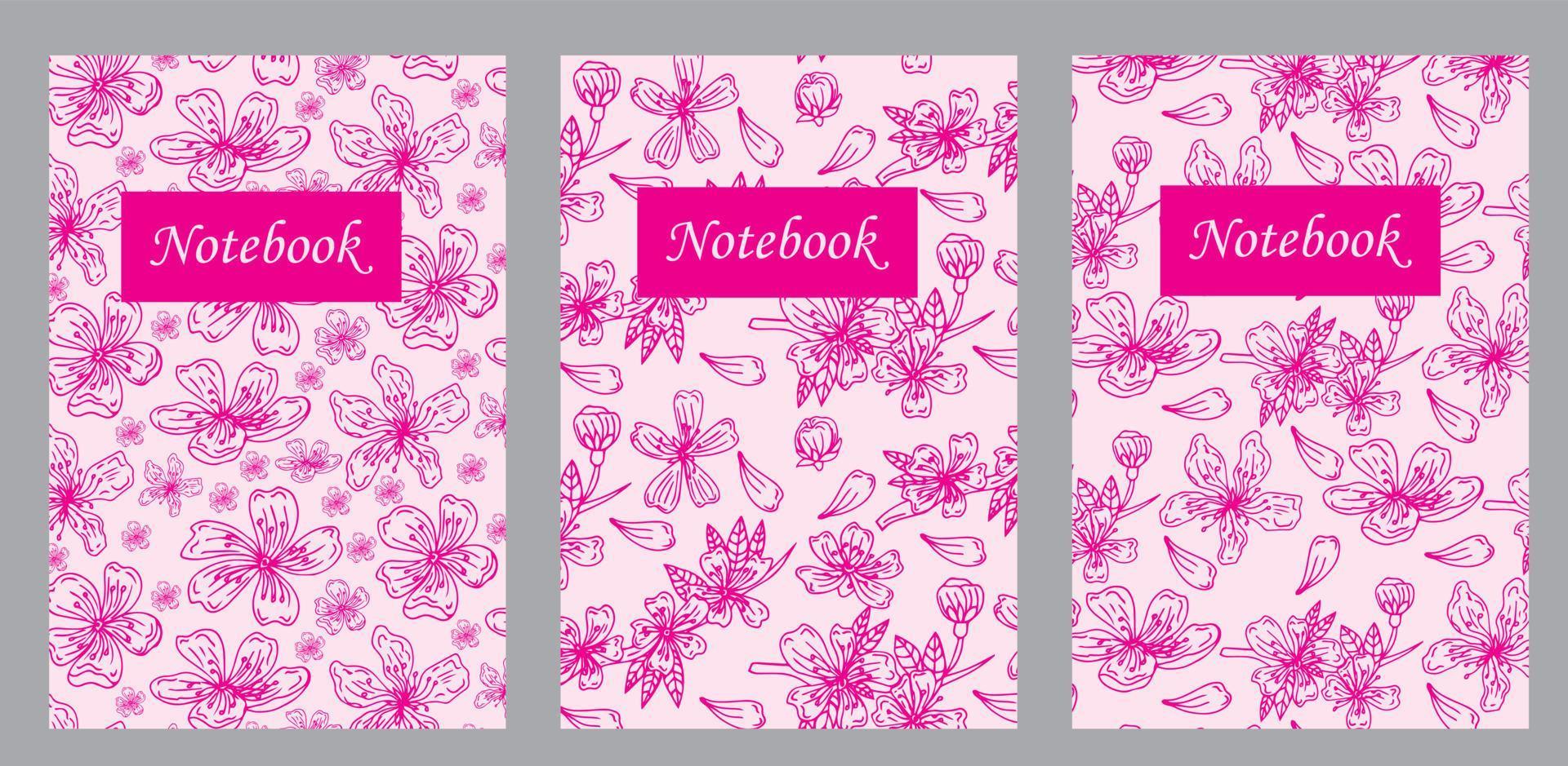 portada, plantilla para el diseño de un cuaderno, libro, bloc de notas, oficina. vector con flor de sakura rosa retro sobre un fondo claro. ilustración en el estilo de grabado. espacio para su texto.