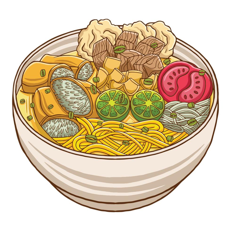 soto mie bogor comida indonesia en estilo de diseño plano vector