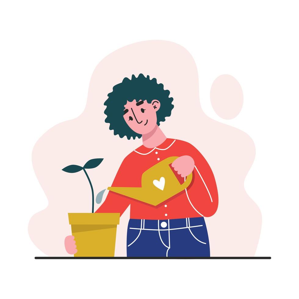 Young woman watering houseplant. Caring for indoor plants. Flat vector illustration.