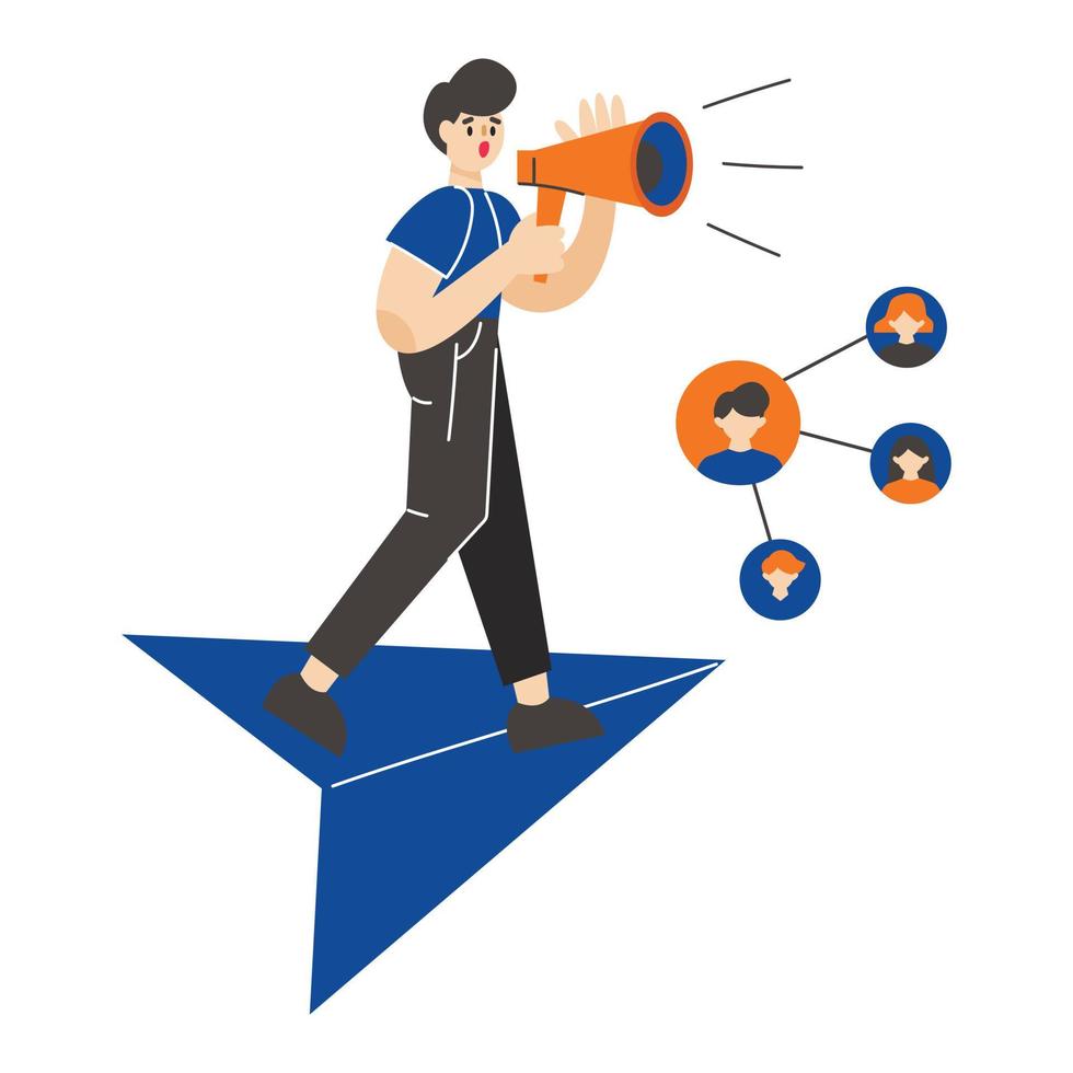 Man speaks through a megaphone. Digital marketing, SMM, repost concept. Flat vector illustration.