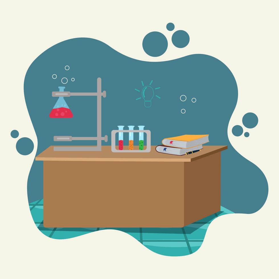 Table with glassware beakers, flasks  and  books. science chemistry class concept vector