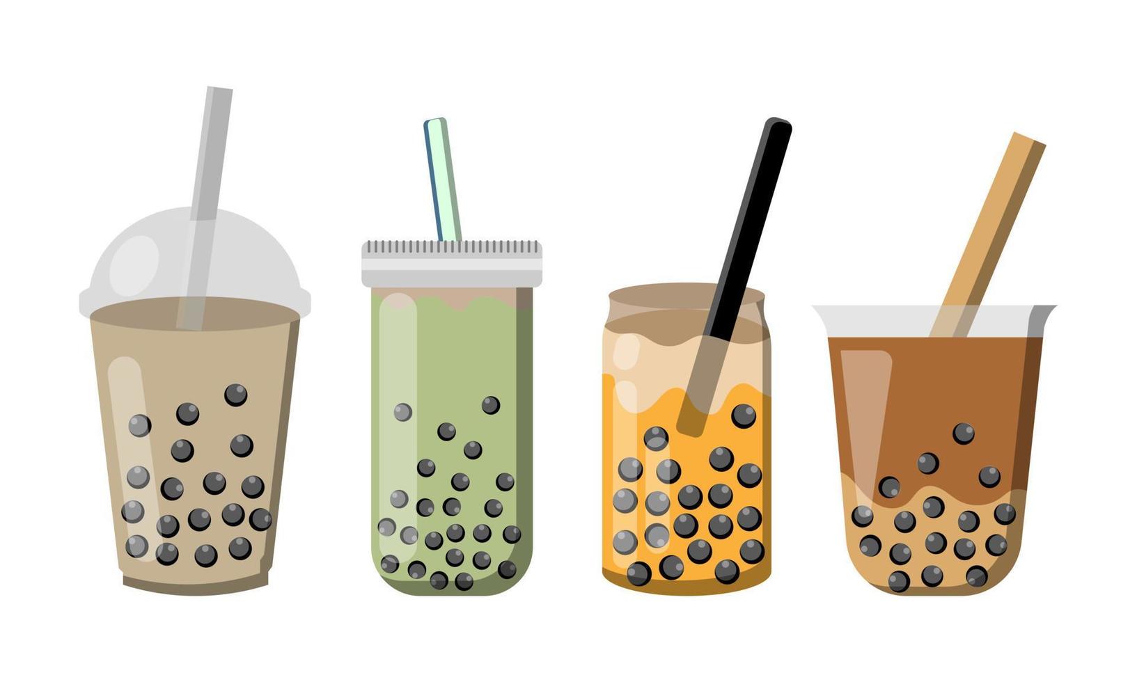 Bubble tea. Plastic cups with famous summer bubble asian tea, popular taiwanese pearl milk with balls, soft boba drinks with delicious tapioca sweet cold liquid dessert cartoon vector isolated set