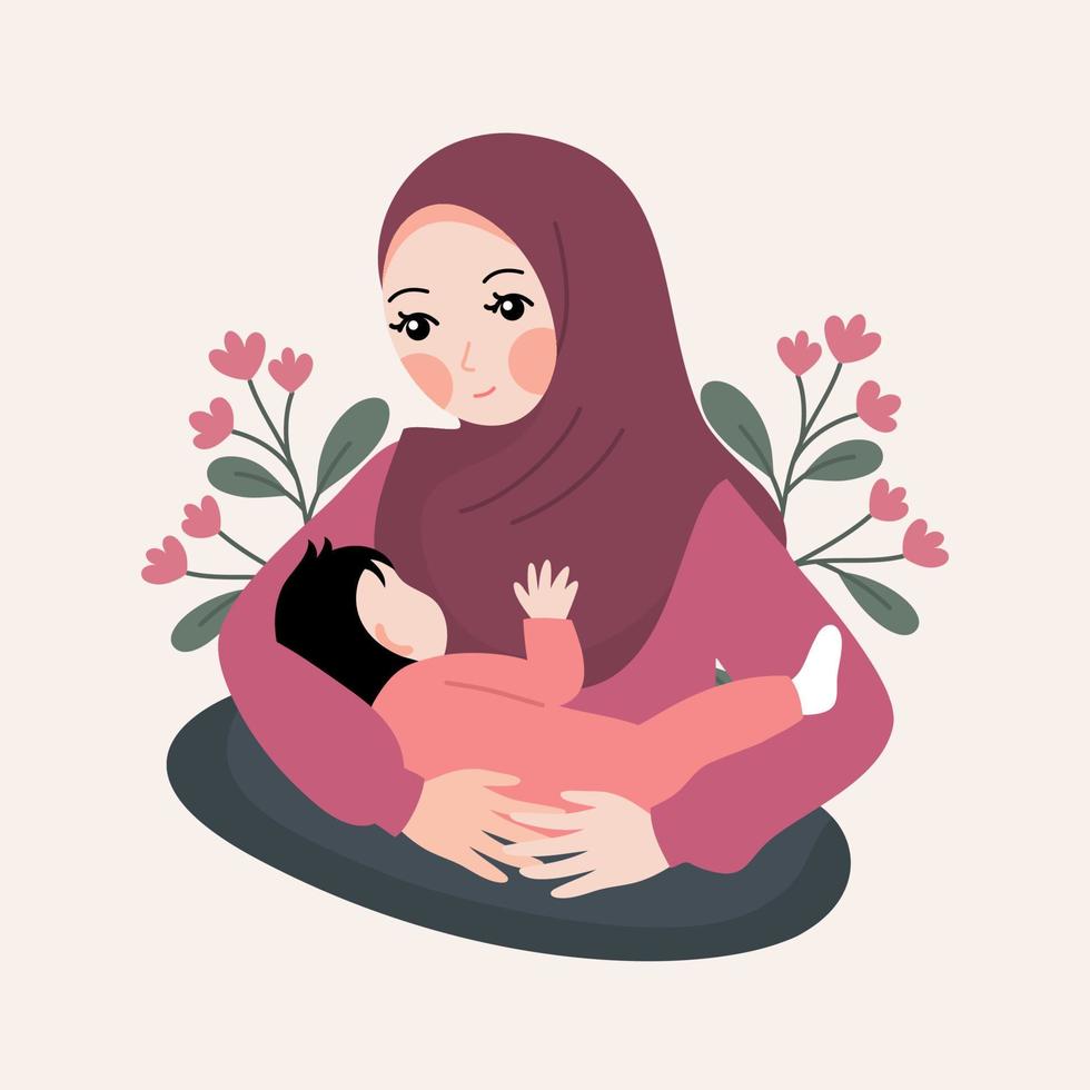 mujer musulmana amamanta mientras sostiene una ilustración de bebé vector