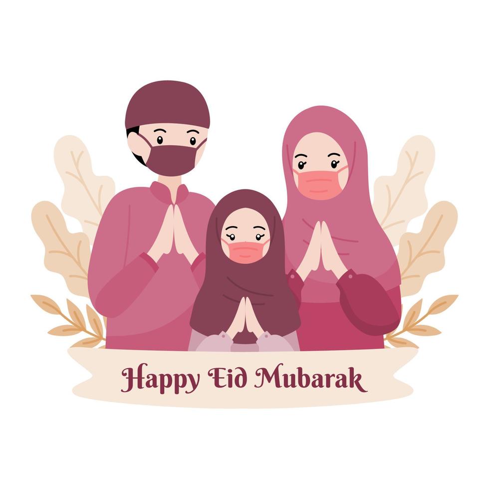 feliz eid mubarak familia musulmana concepto de ilustración vectorial vector