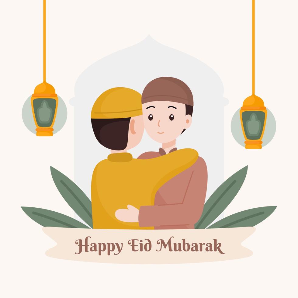 Muslim people hugging vector illustration eid mubarak greeting