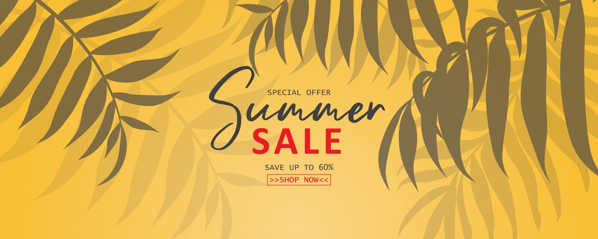 Summer sale banner design with tropical leaves background vector