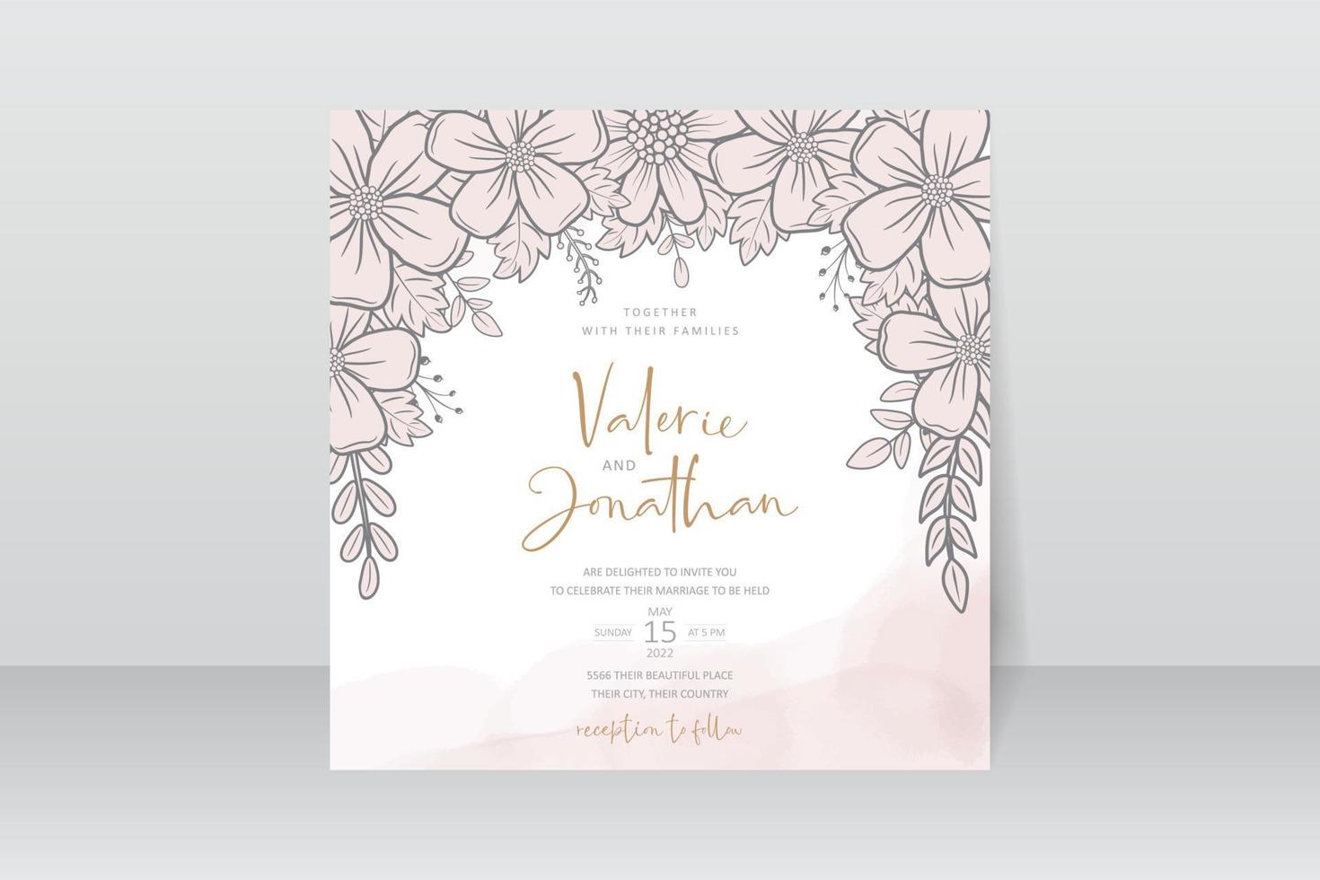 Wedding invitation template with floral outline decoration vector