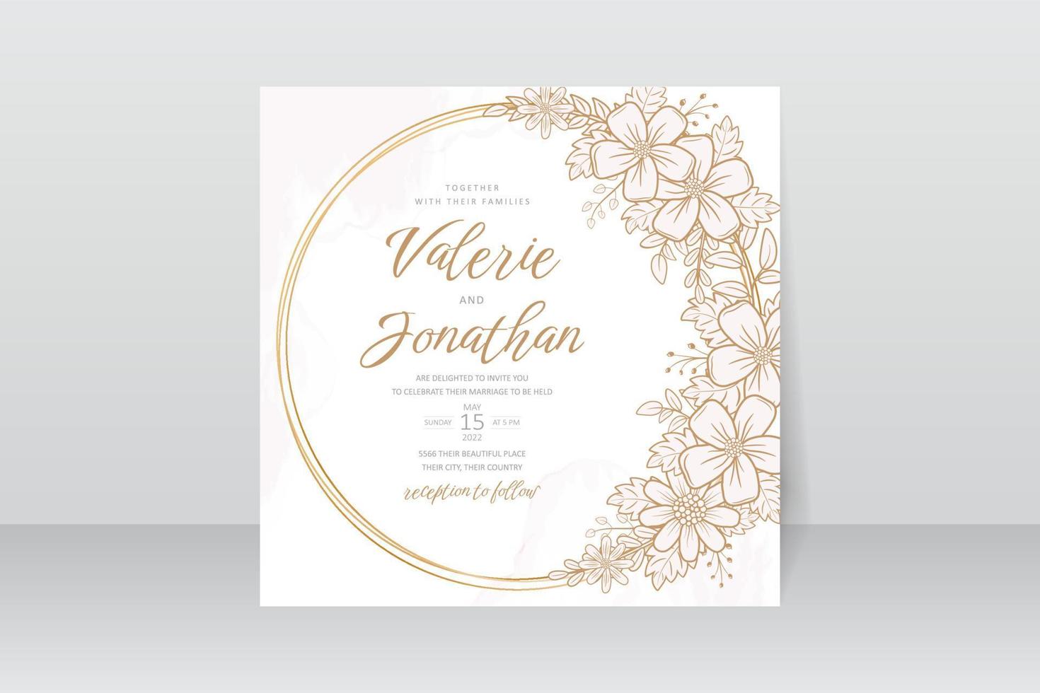 Wedding invitation template with floral outline decoration vector