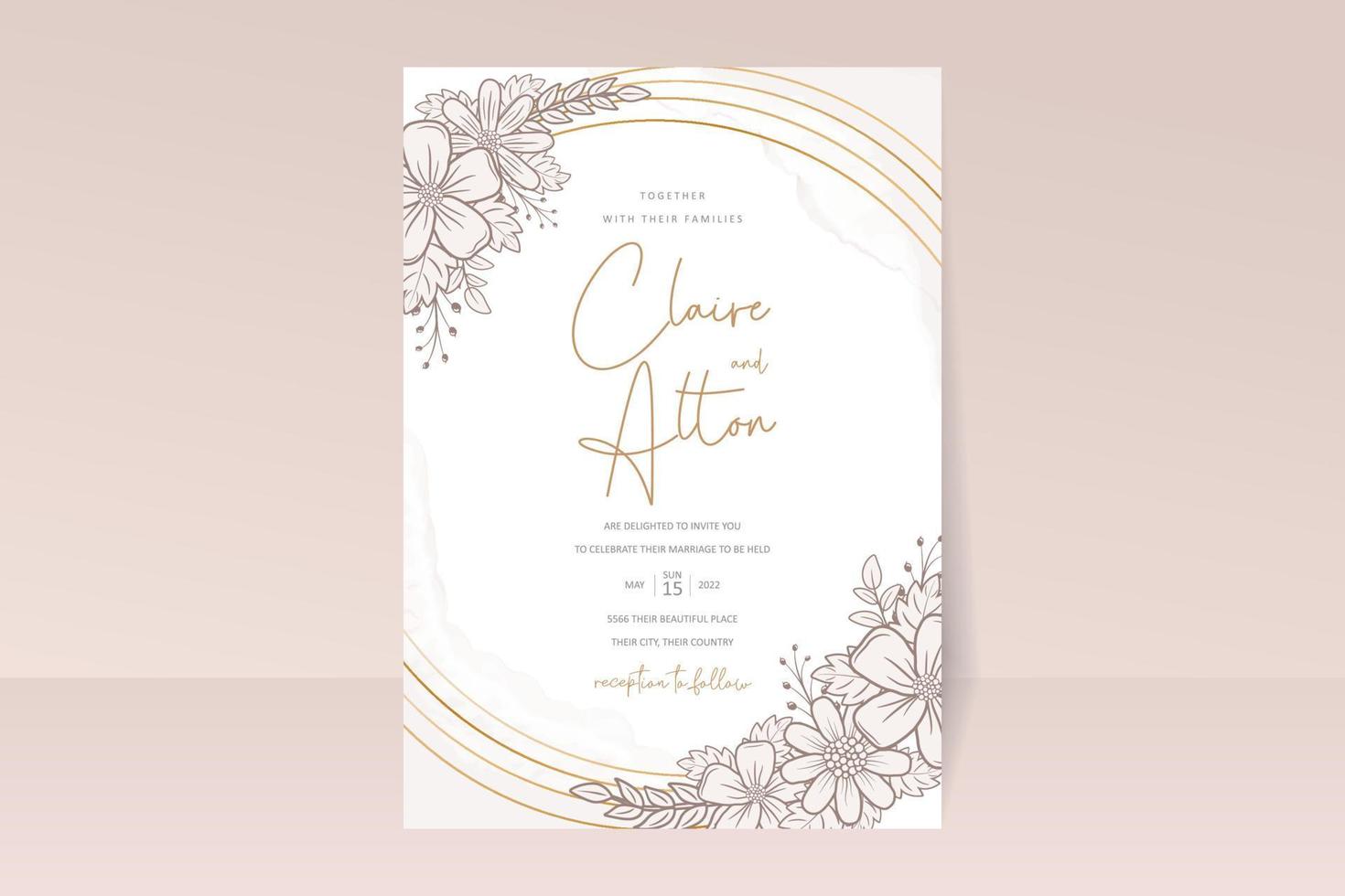 plantilla de invitación de boda con decoración de contorno floral vector