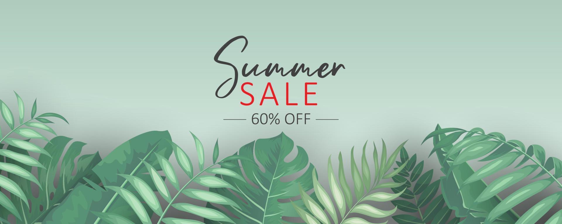 Summer sale banner design with tropical leaves background vector