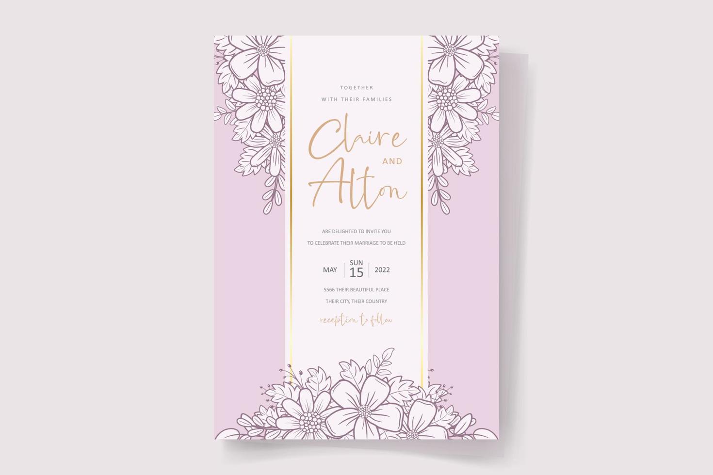 plantilla de invitación de boda con decoración de contorno floral vector